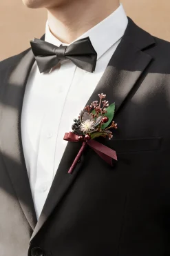 Boutonnieres for Guests in Black Baccara & Burgundy | Clearance