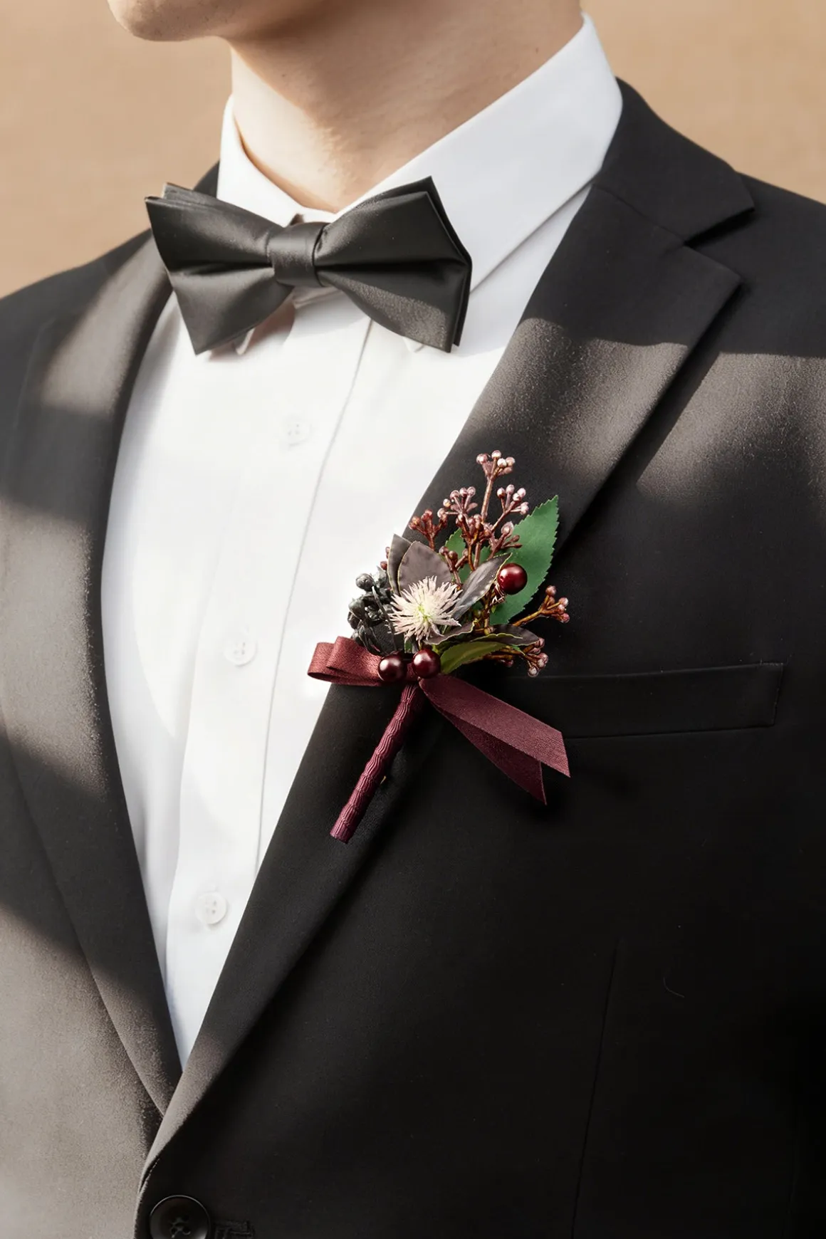 Boutonnieres for Guests in Black Baccara & Burgundy | Clearance