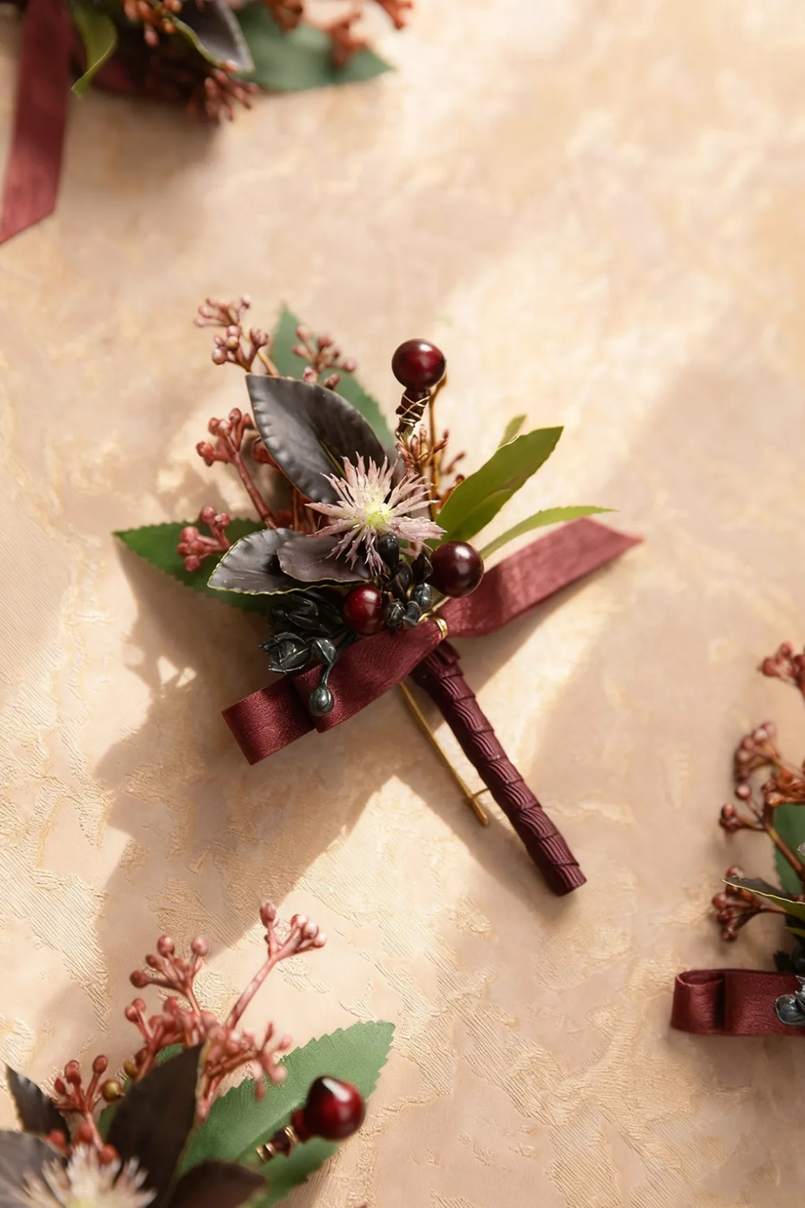 Boutonnieres for Guests in Black Baccara & Burgundy | Clearance