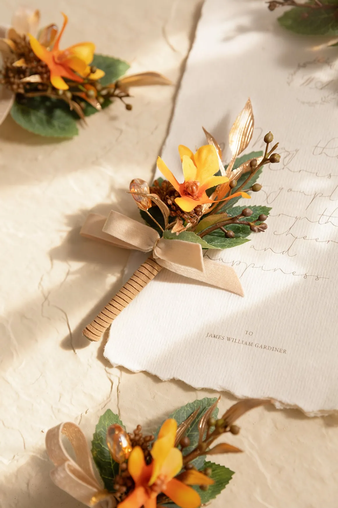 Boutonnieres for Guests in Burnt Orange & Gold | Clearance