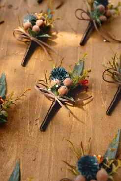 Boutonnieres for Guests in Dark Teal & Burnt Orange | Clearance