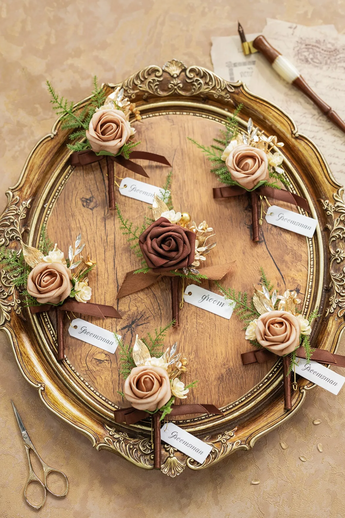 Boutonnieres in Caramel & Walnut Brown