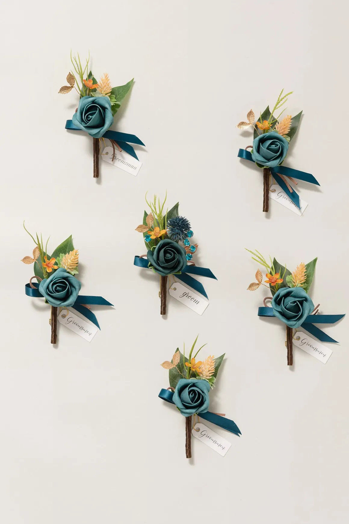 Boutonnieres in Dark Teal & Burnt Orange