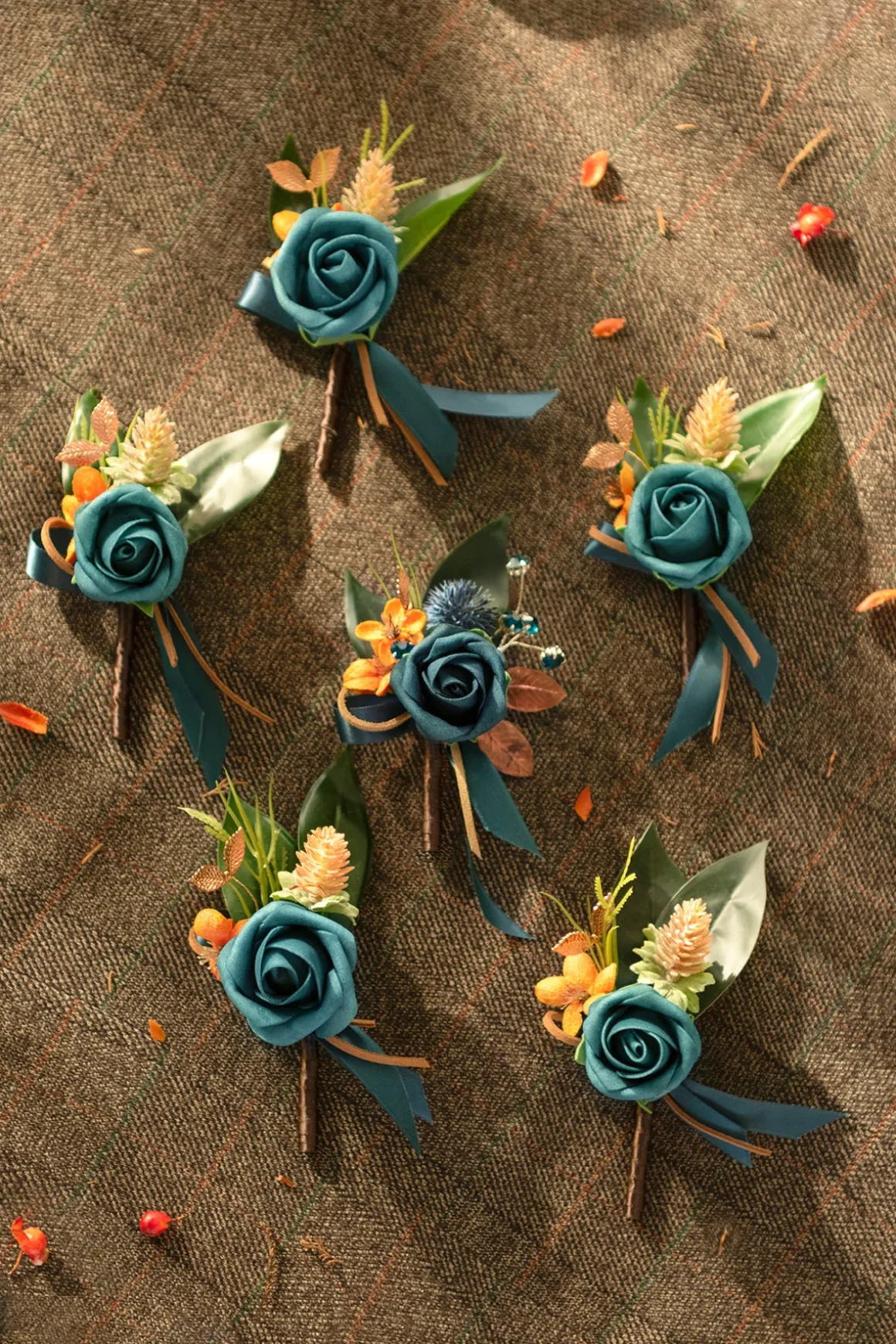 Boutonnieres in Dark Teal & Burnt Orange