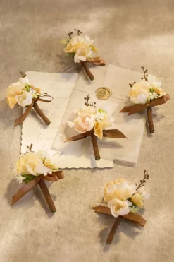 Boutonnieres in Earth Brown & Butter Yellow (Set of 6)