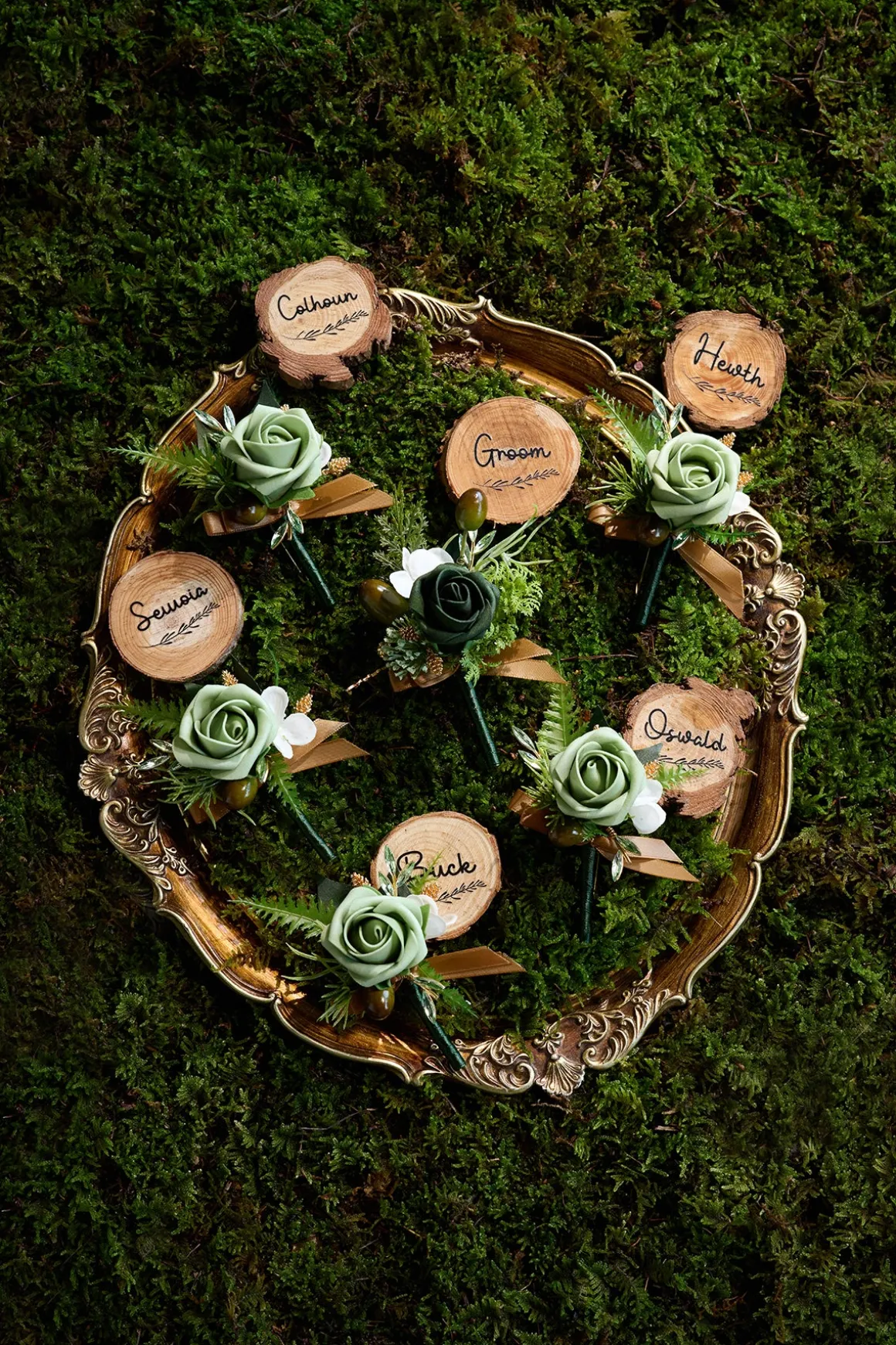 Boutonnieres in Forest Green & Gold | Clearance