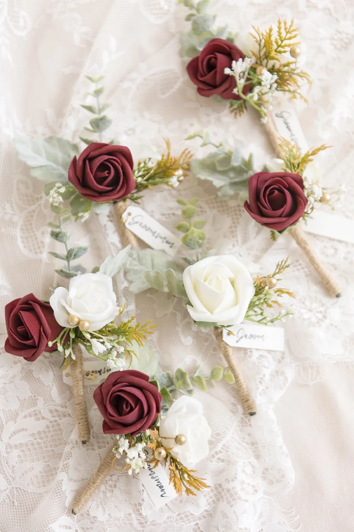 Boutonnieres in Ivory & Burgundy (Set of 6)