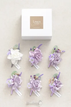Boutonnieres in Lilac & Gold