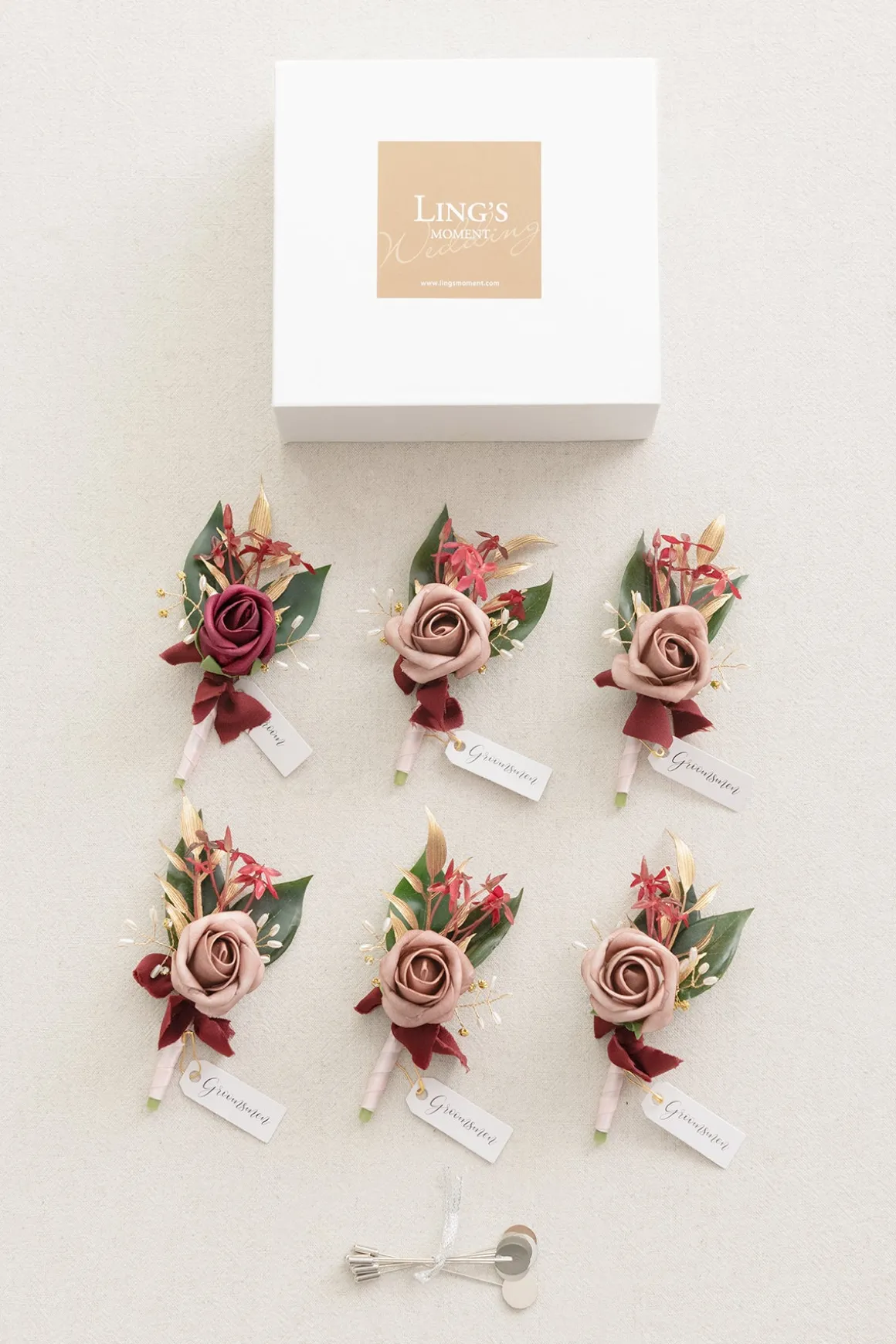Boutonnieres in Marsala & Dusty Rose (Set of 6)