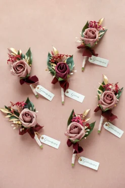 Boutonnieres in Marsala & Dusty Rose (Set of 6)