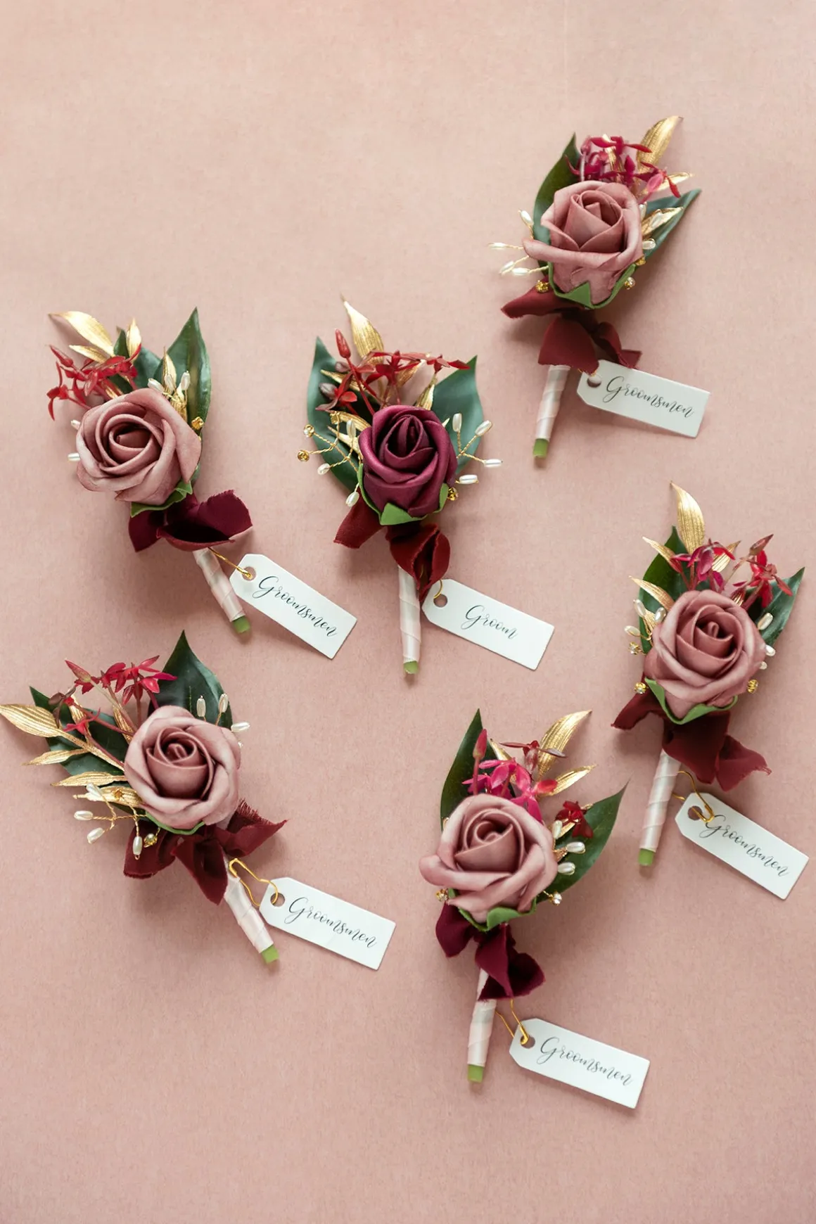 Boutonnieres in Marsala & Dusty Rose (Set of 6)