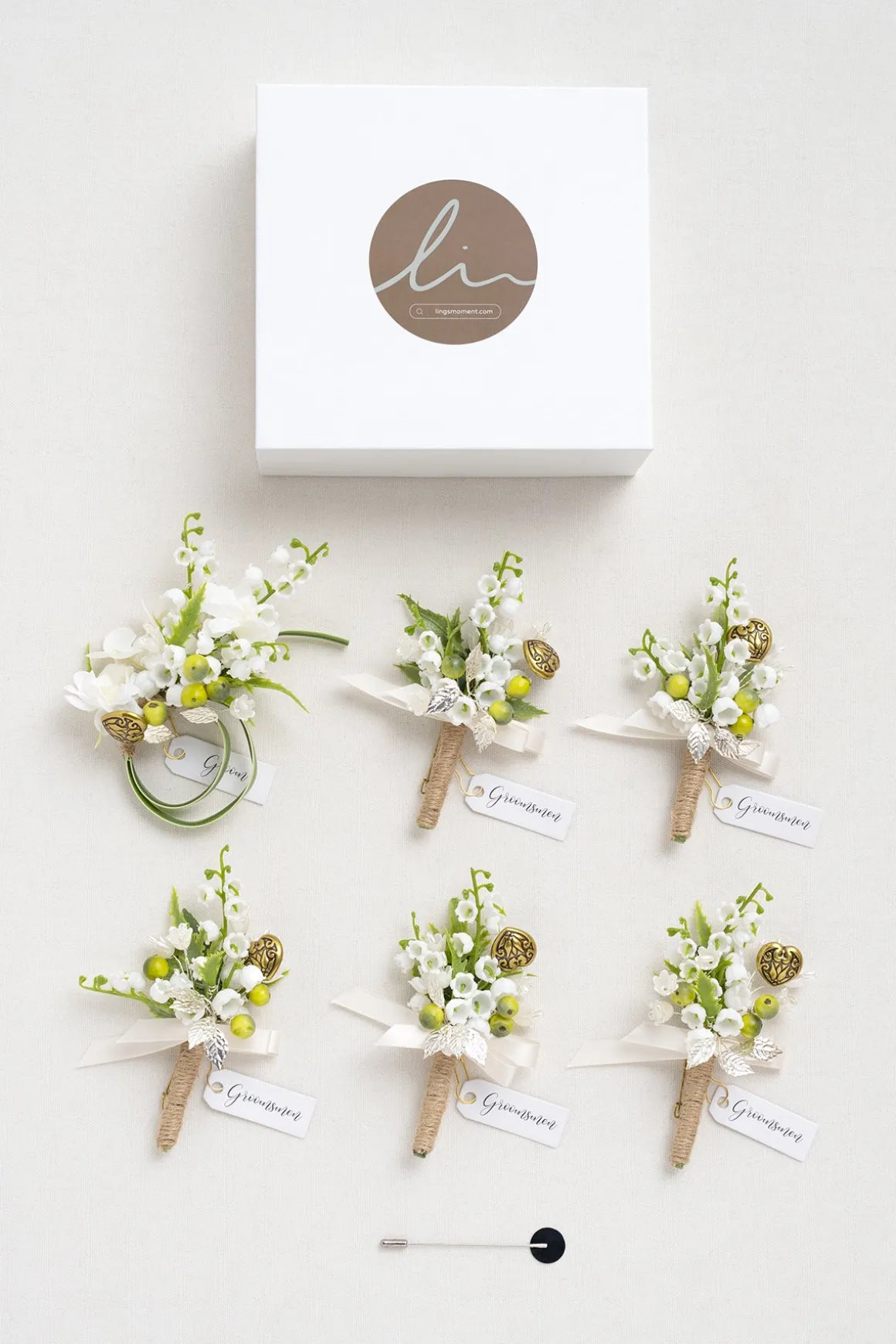 Boutonnieres in May Lily & Olive