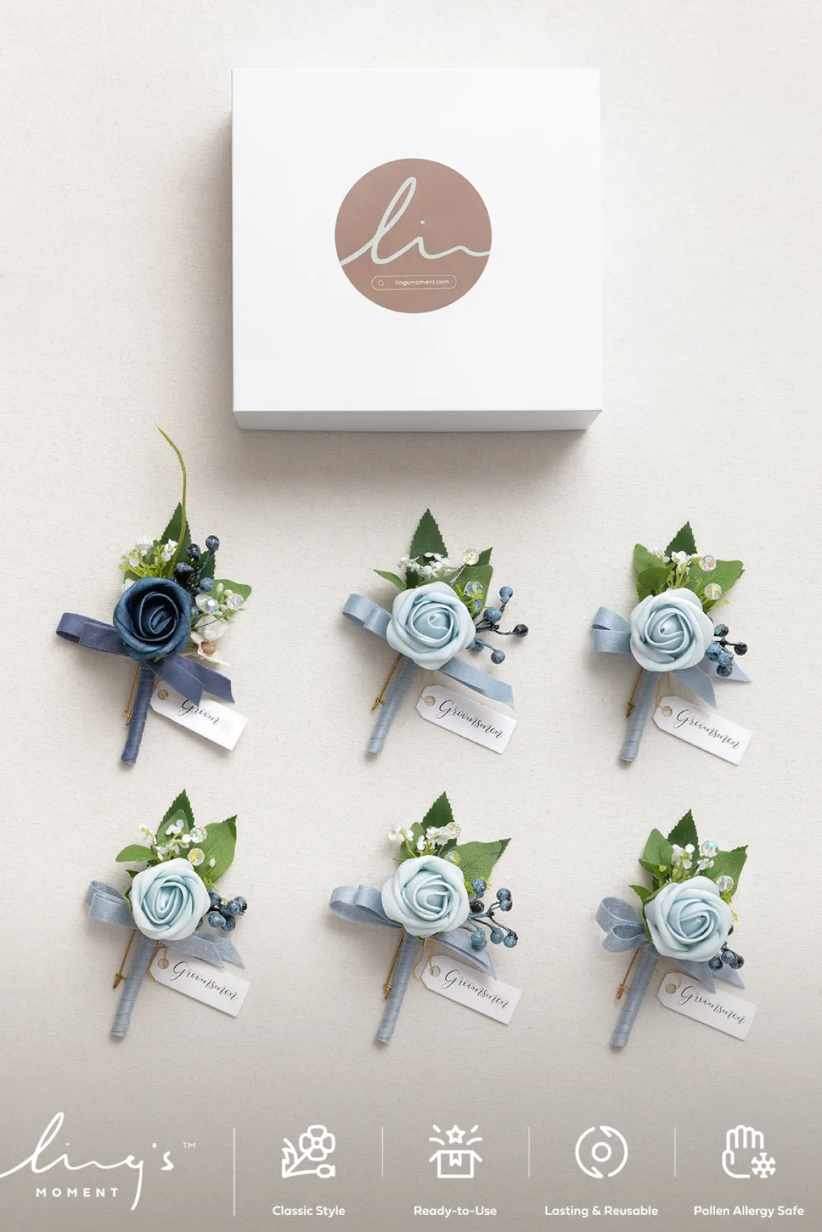 Boutonnieres in Romantic Dusty Blue (Set of 6)
