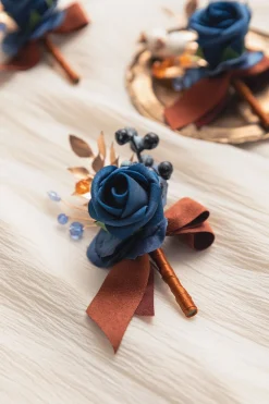 Boutonnieres in Russet Orange & Denim Blue