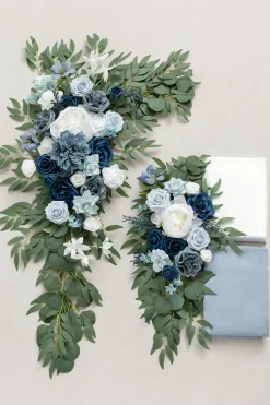 Flower Arch Decor with Drapes in Dusty Blue & Navy