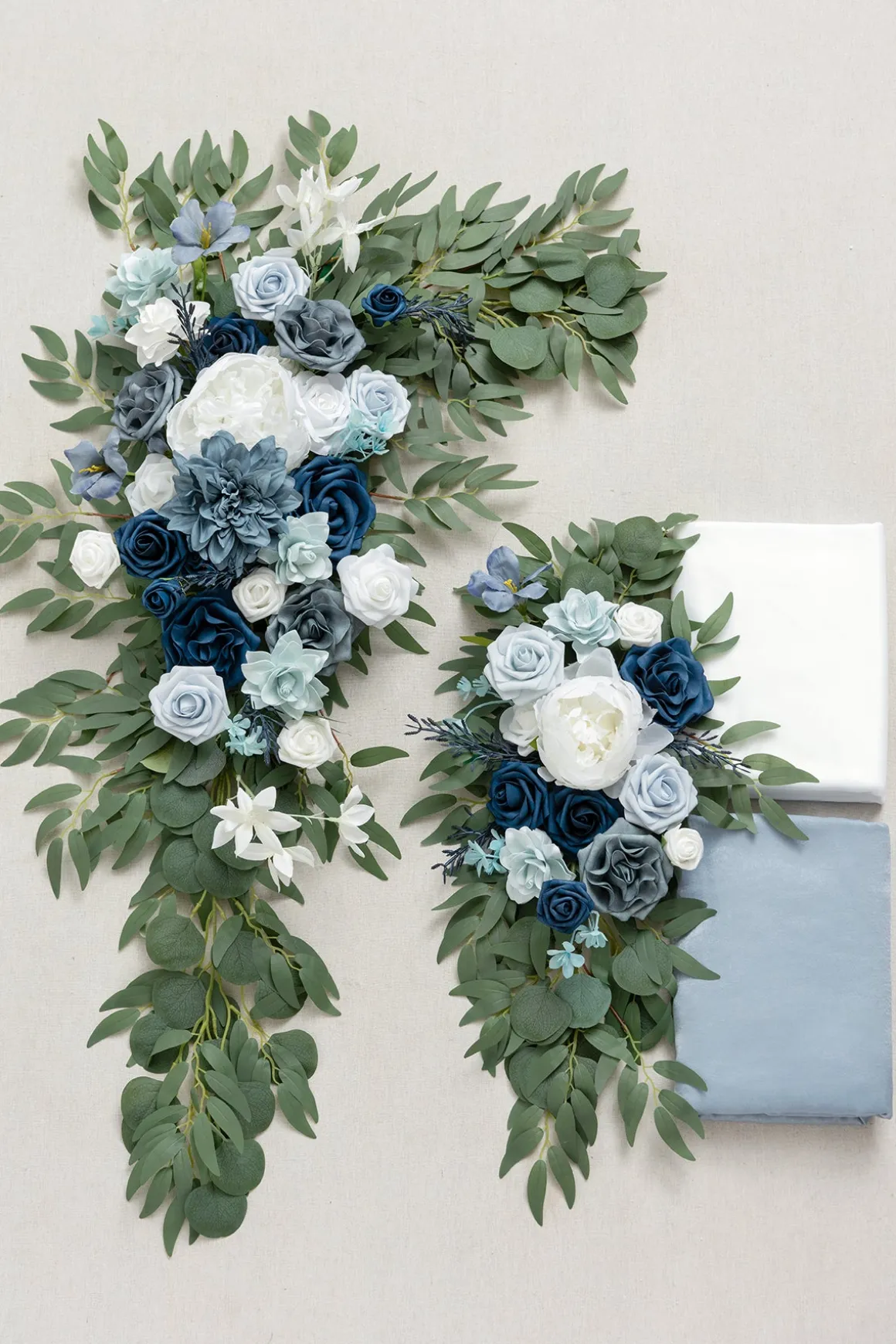 Flower Arch Decor with Drapes in Dusty Blue & Navy