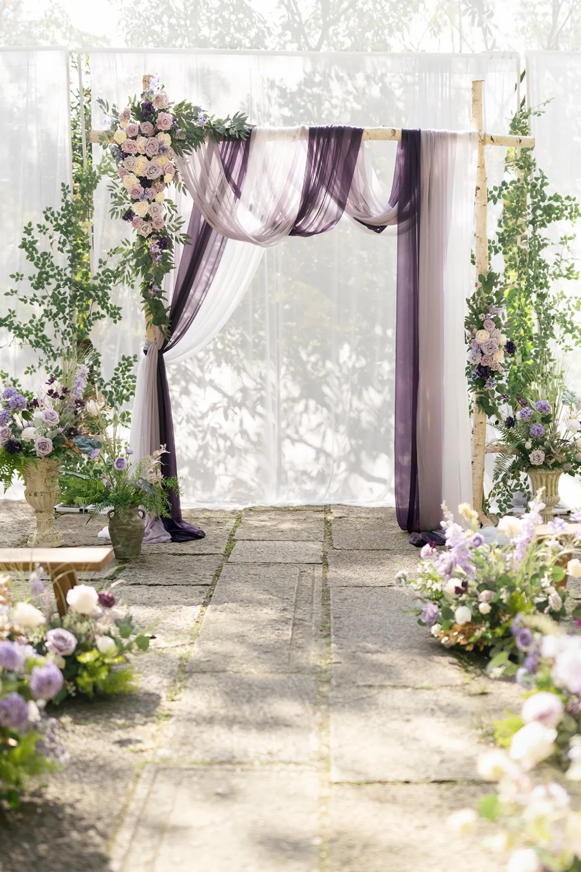 Flower Arch Decor with Drapes in Lilac & Gold