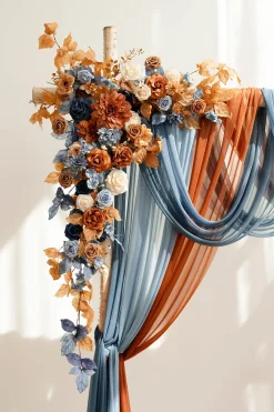 Flower Arch Decor with Drapes in Russet Orange & Denim Blue