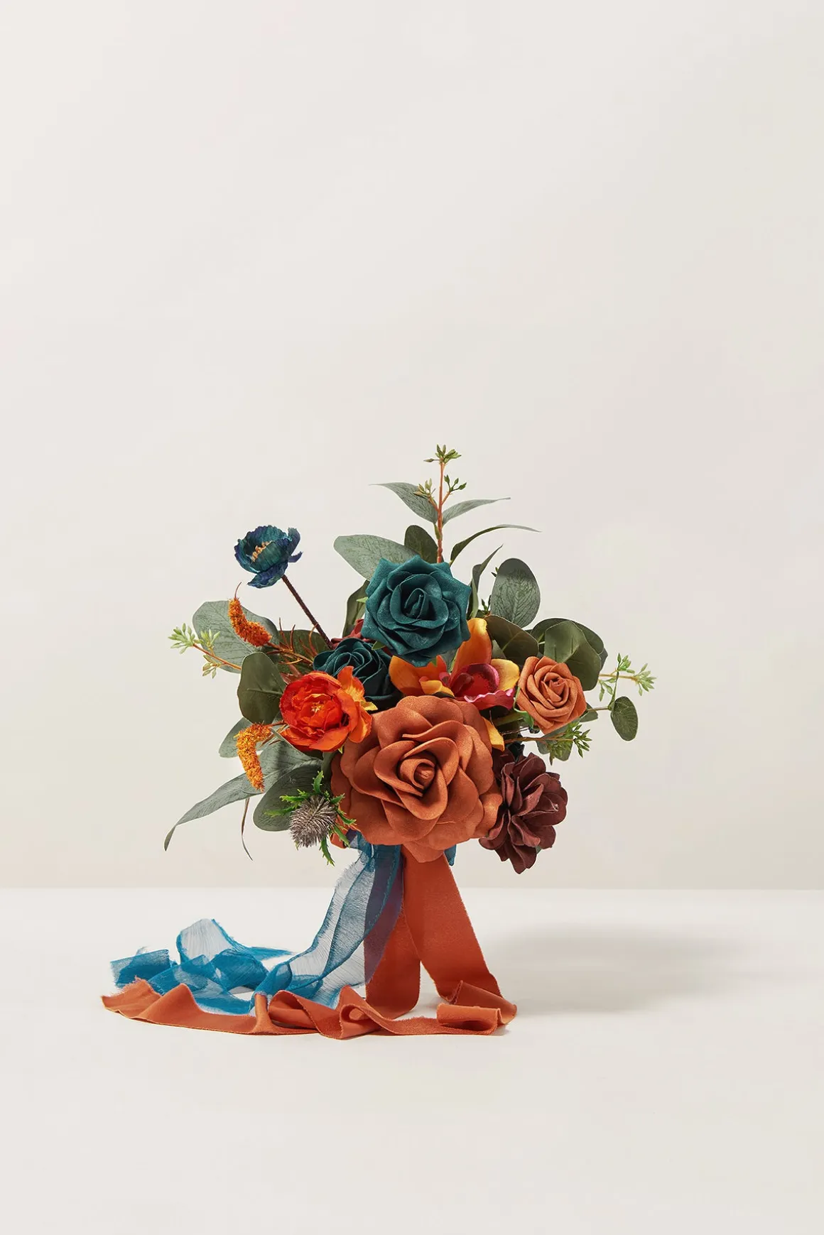 Free-Form Bridesmaid Bouquets in Dark Teal & Burnt Orange