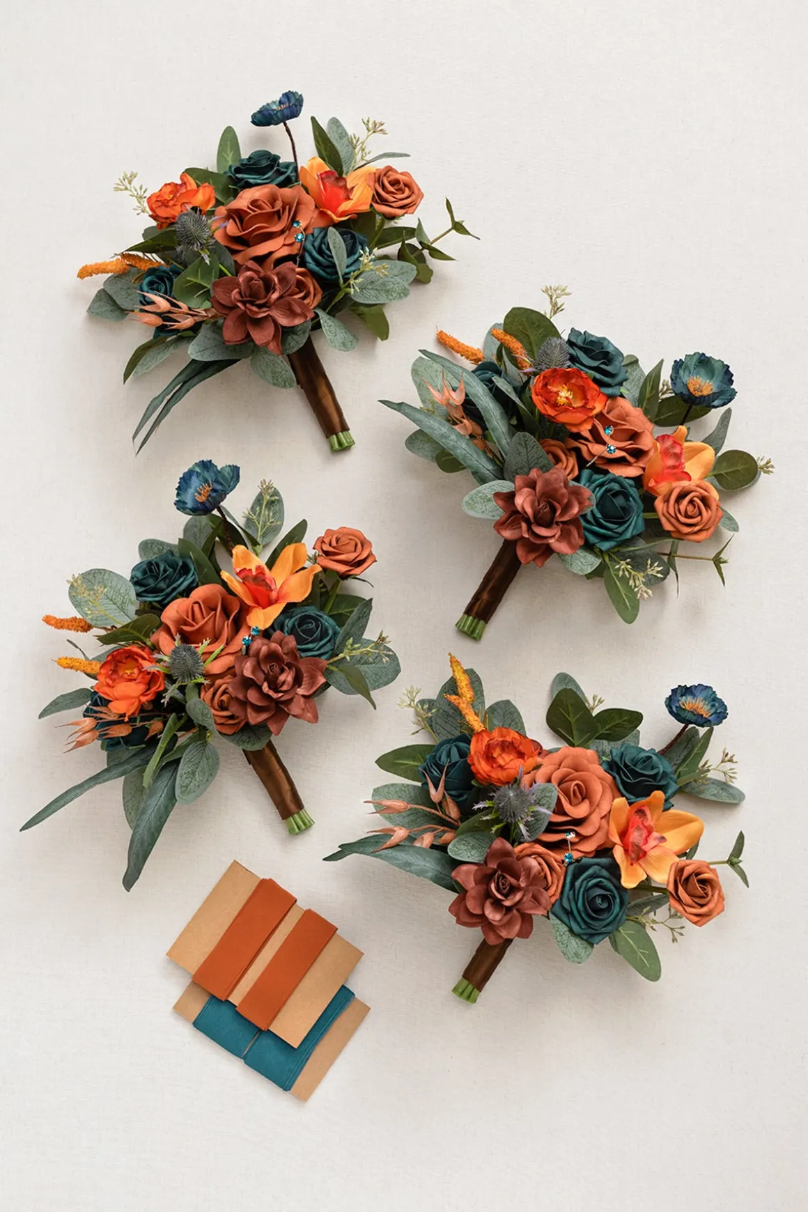 Free-Form Bridesmaid Bouquets in Dark Teal & Burnt Orange