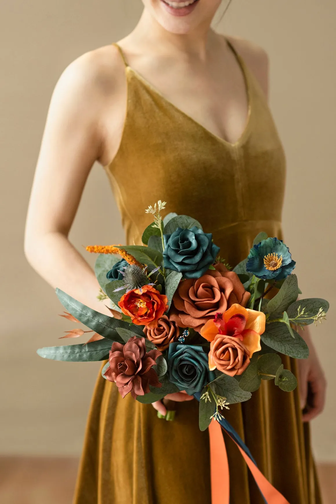 Free-Form Bridesmaid Bouquets in Dark Teal & Burnt Orange