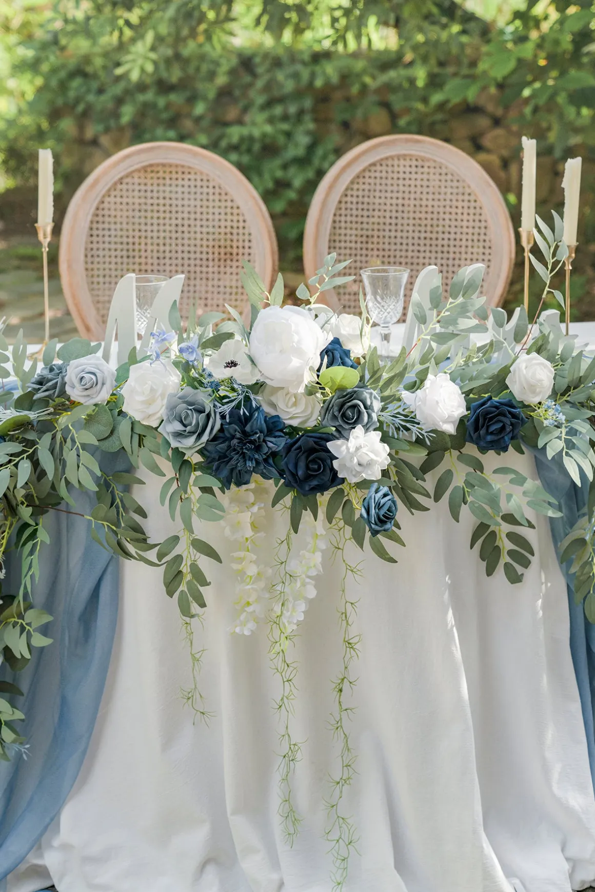 9ft Head Table Flower Garland in Dusty Blue & Navy