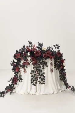 9ft Head Table Flower Garland in Moody Burgundy & Black