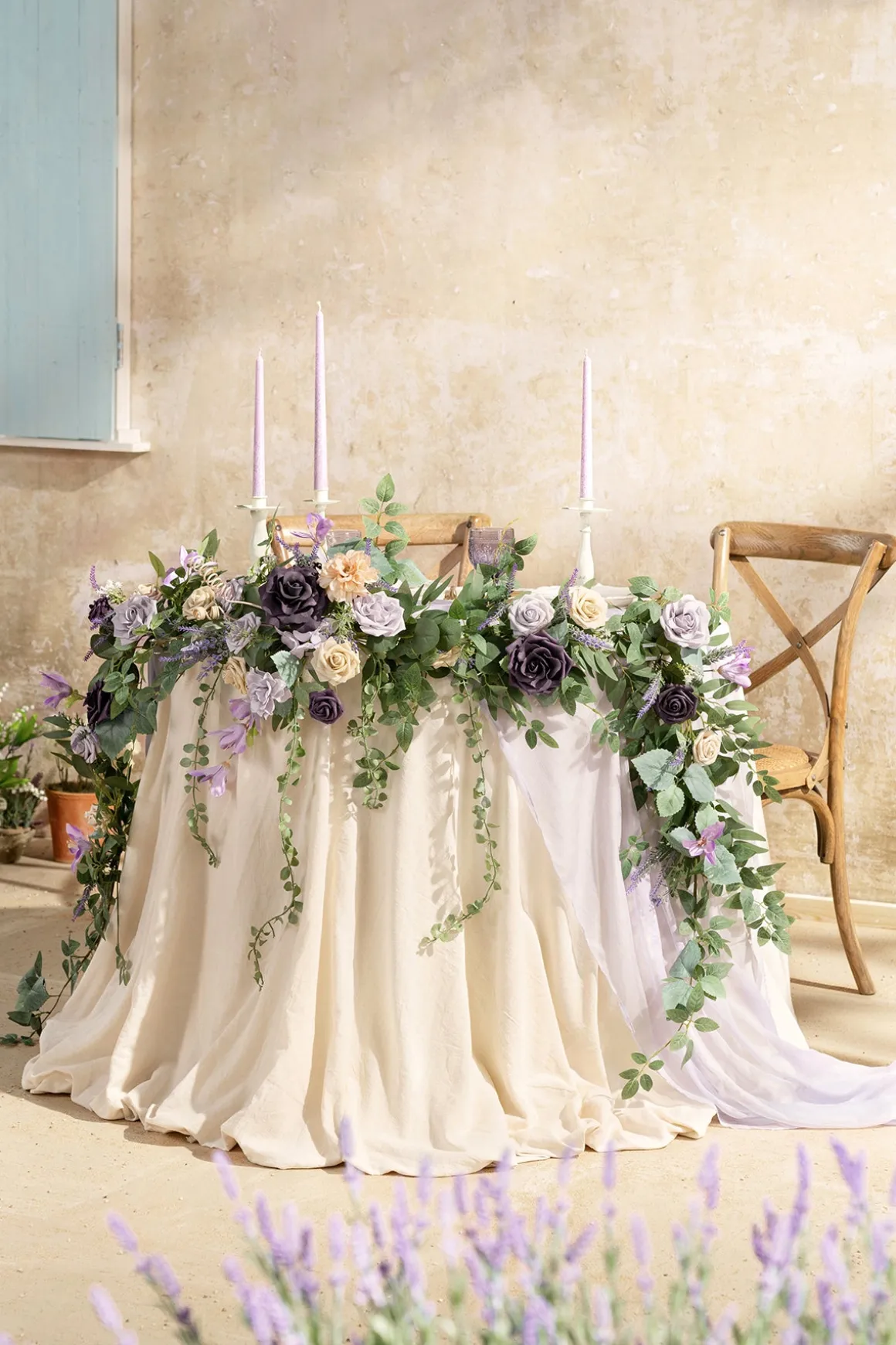 9ft Head Table Flower Garland in French Lavender & Plum