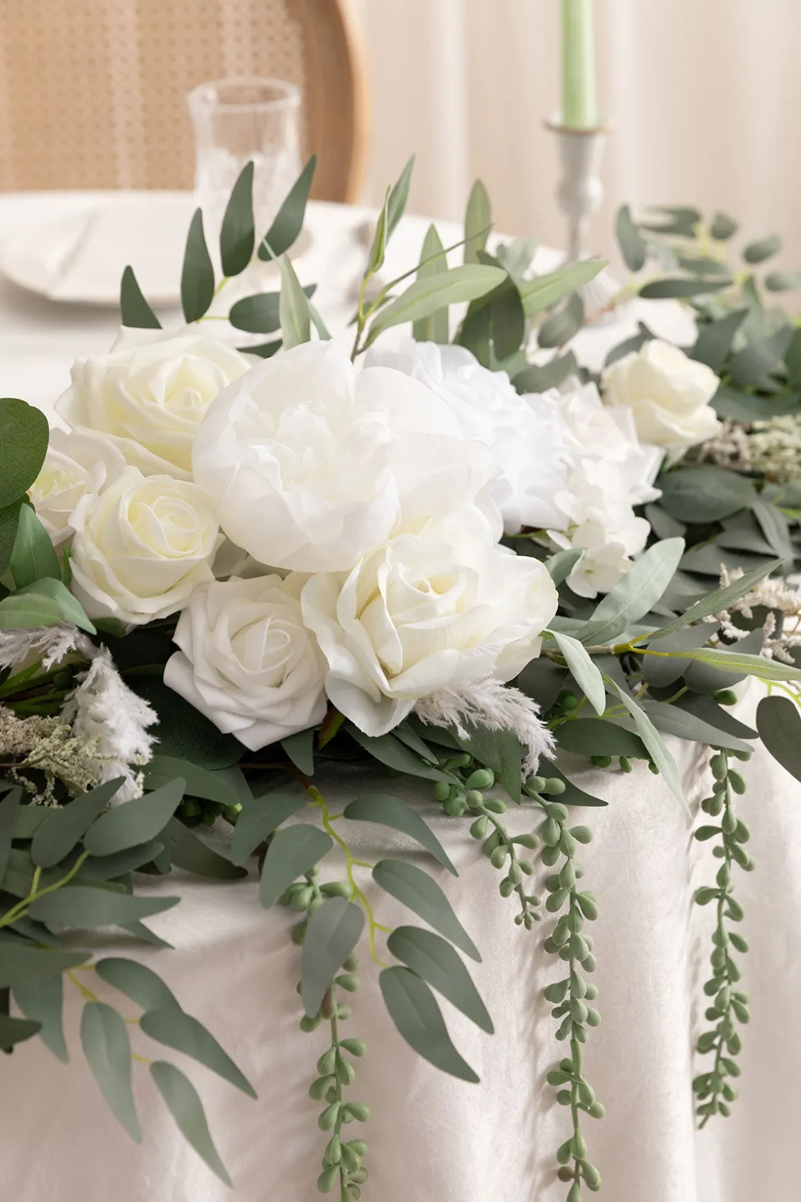 9ft Head Table Flower Garland in White & Sage | Clearance