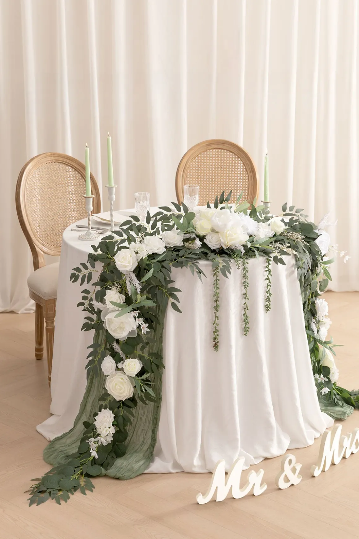 9ft Head Table Flower Garland in White & Sage | Clearance
