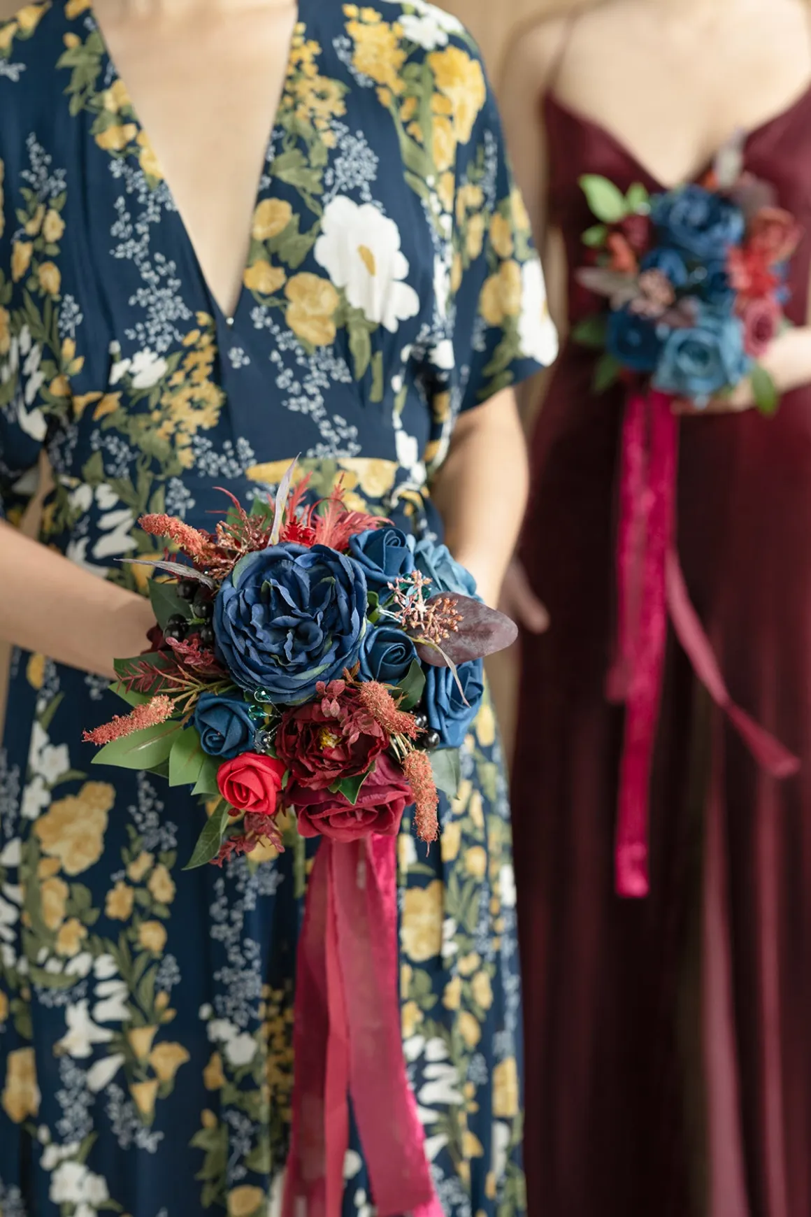Maid of Honor & Bridesmaid Bouquets in Burgundy & Navy