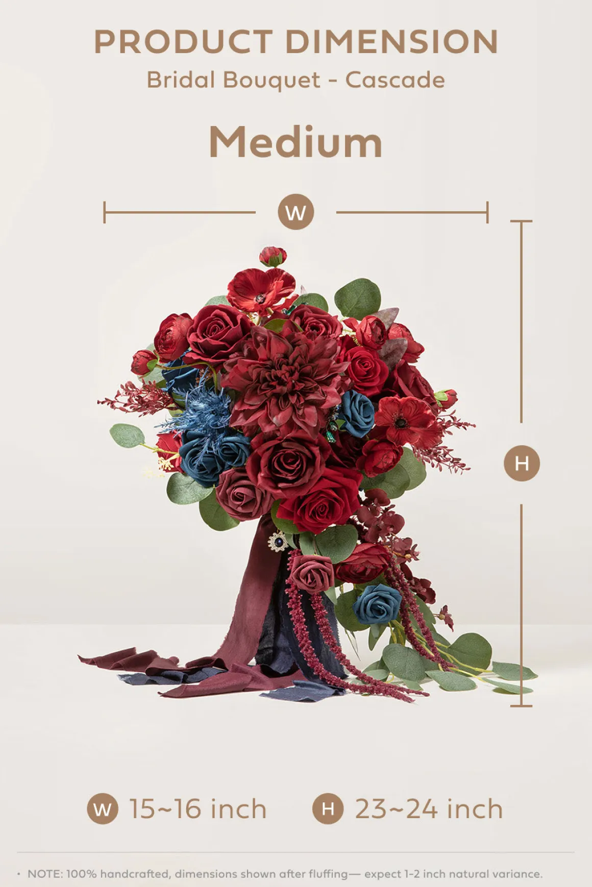 Medium Cascade Bridal Bouquet in Burgundy & Navy | Clearance