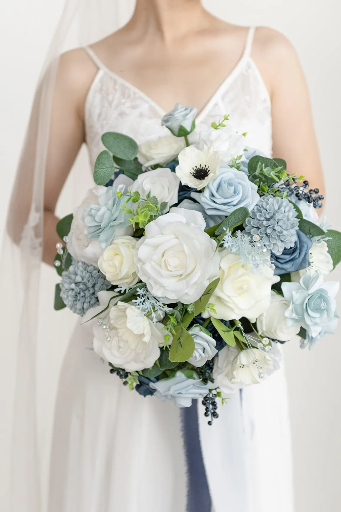 Medium Round Bridal Bouquet in Dusty Blue & Navy | Clearance