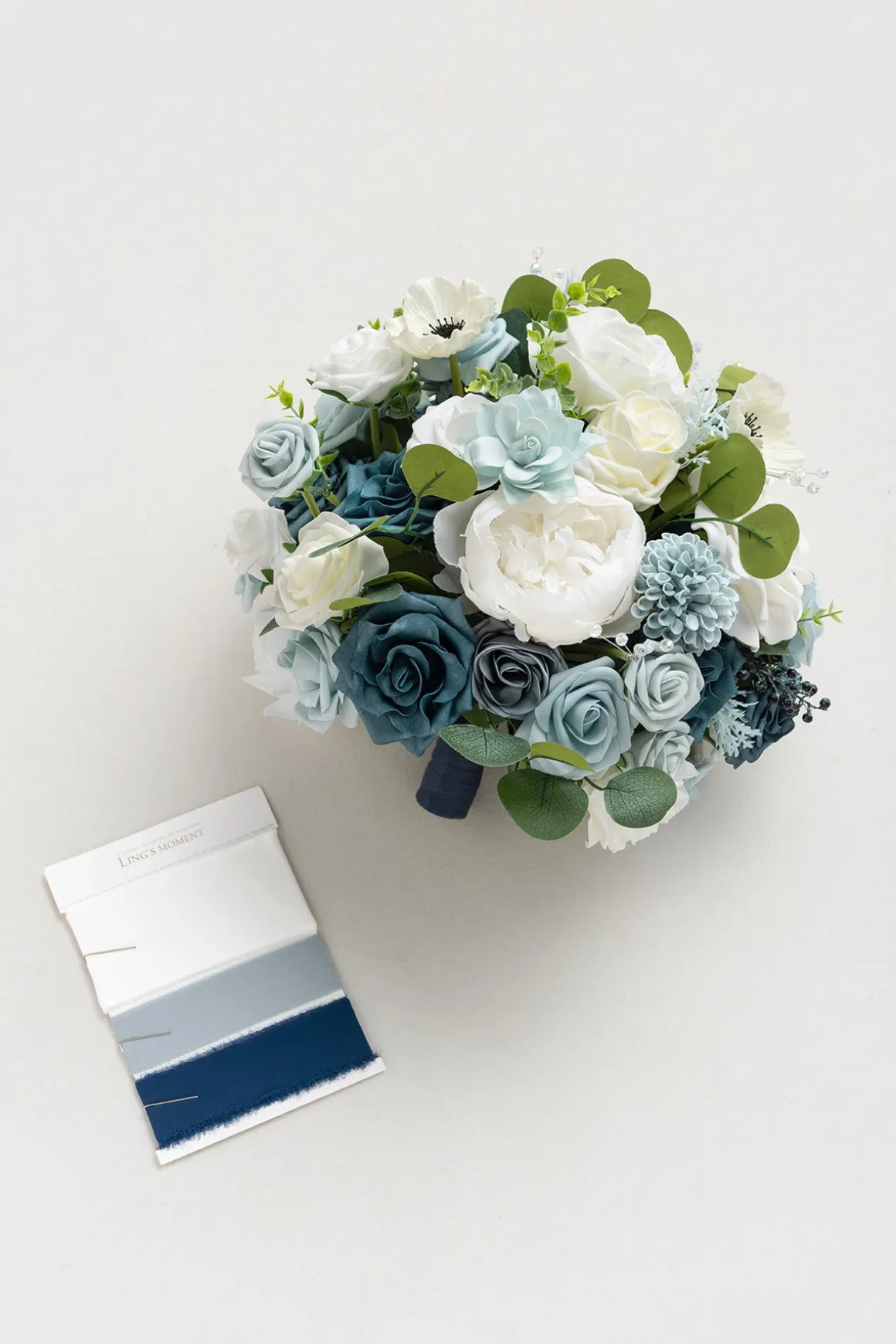 Medium Round Bridal Bouquet in Dusty Blue & Navy | Clearance