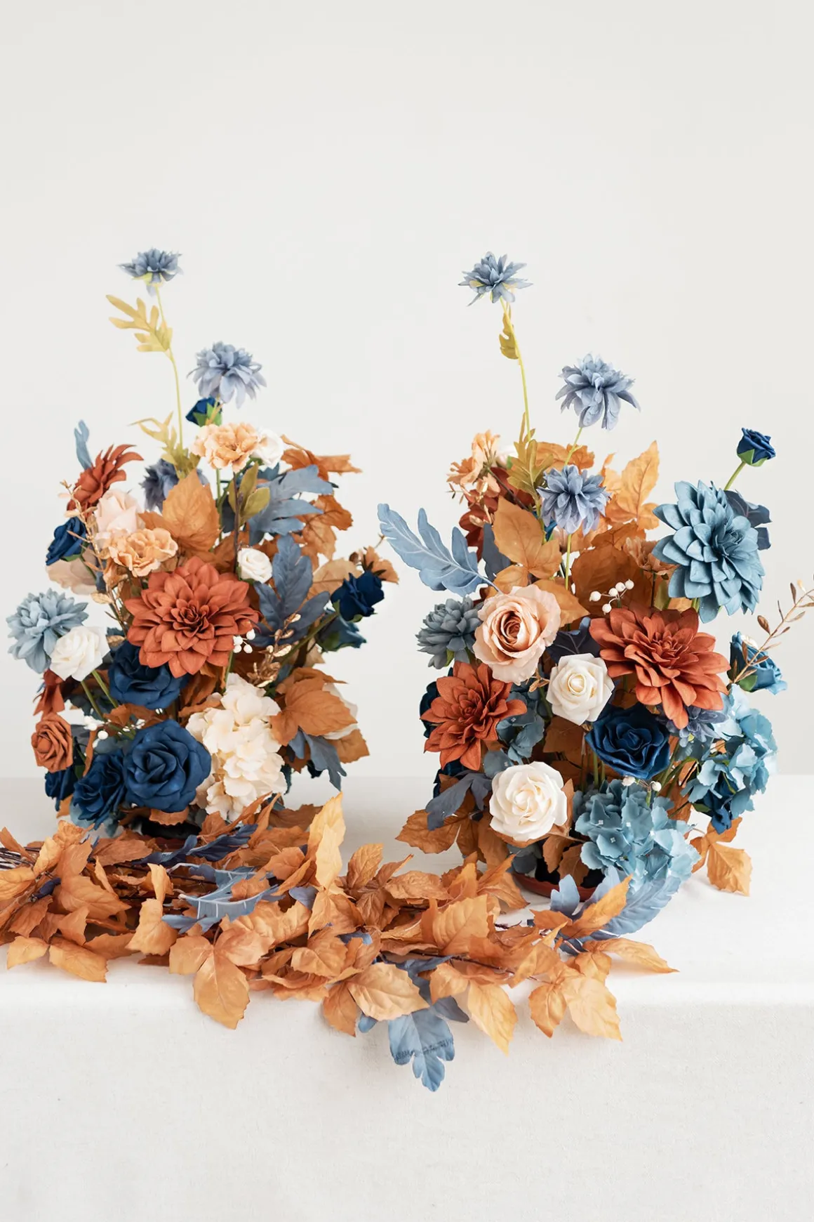 Oversized Free-Standing Ground Flower Arrangements in Russet Orange & Denim Blue | Clearance