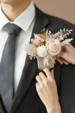 Pocket Square Boutonniere for Groom in White & Beige | Clearance
