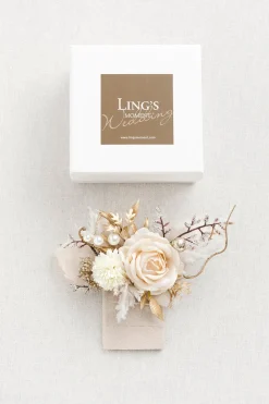 Pocket Square Boutonniere for Groom in White & Beige | Clearance