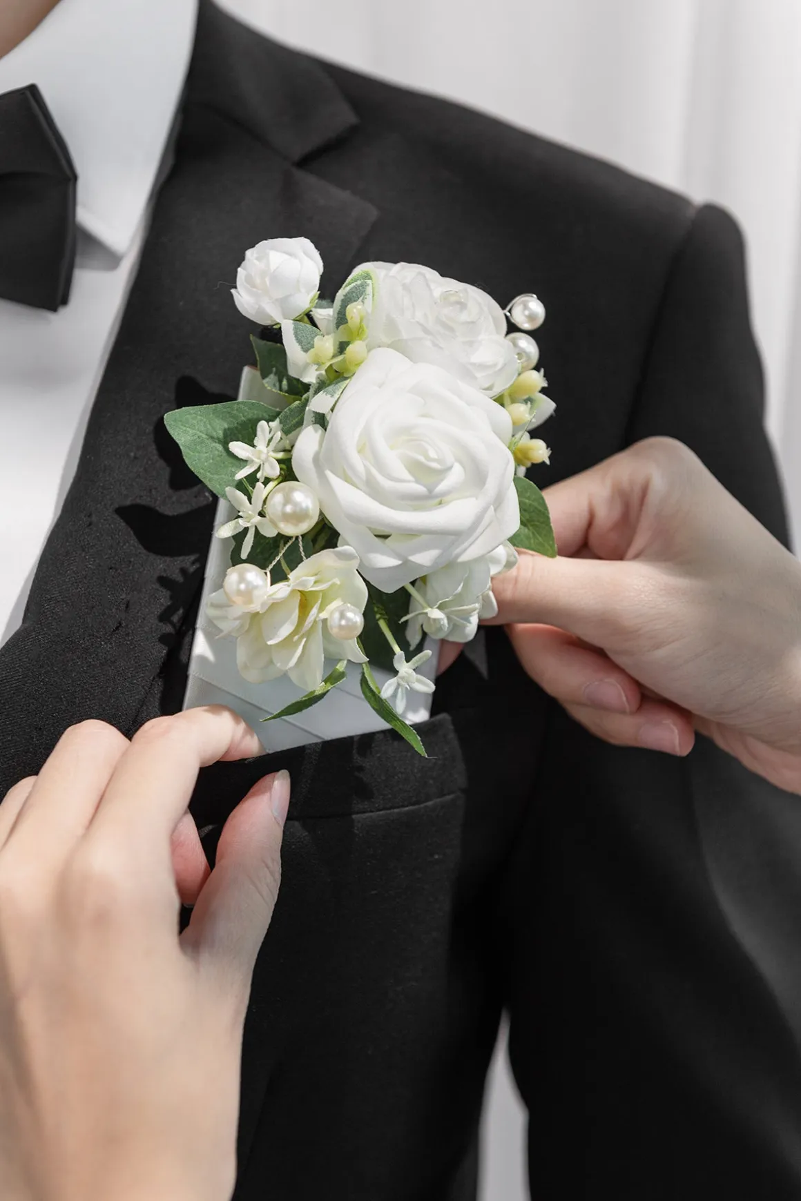 Pocket Square Boutonniere for Groom in White & Sage