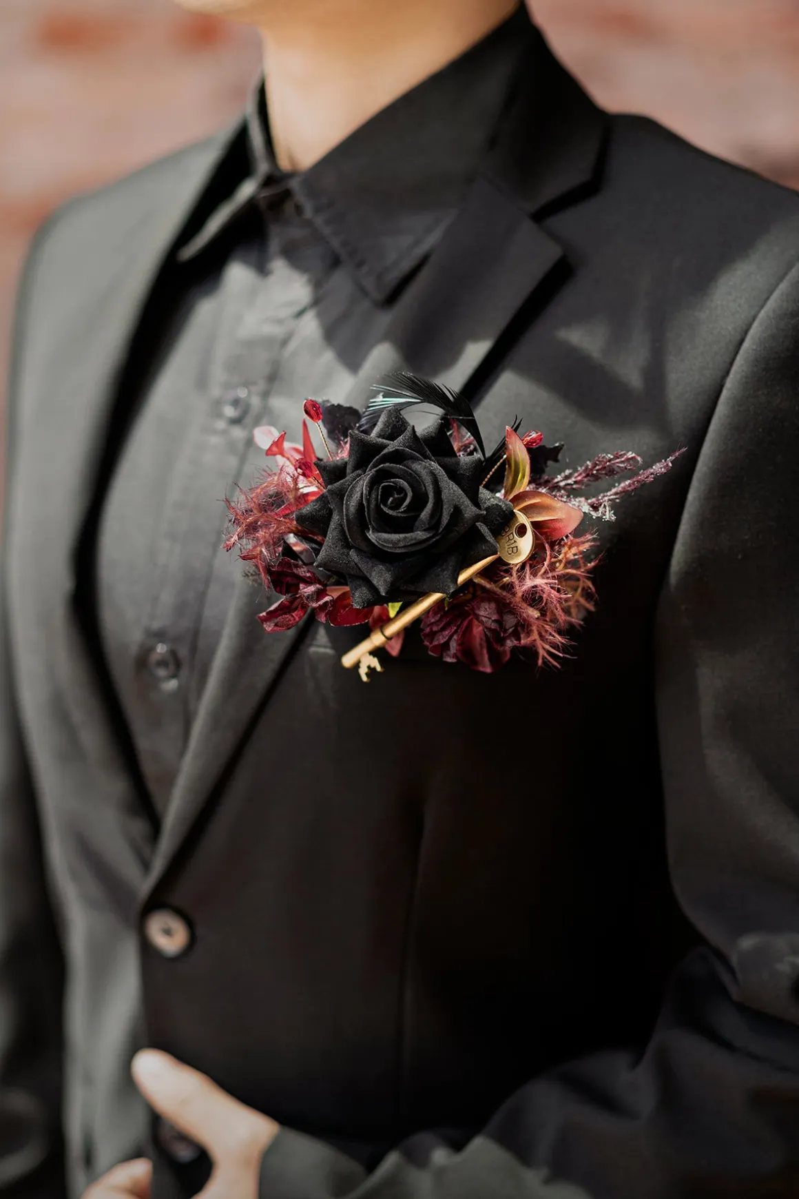 Pocket Square Boutonniere for Groom in Moody Burgundy & Black