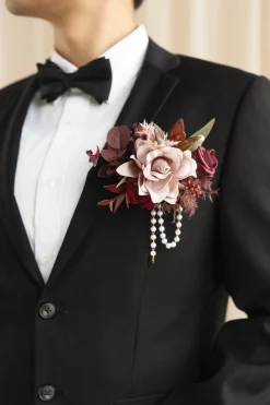 Pocket Square Boutonniere for Groom in Burgundy & Dusty Rose | Clearance