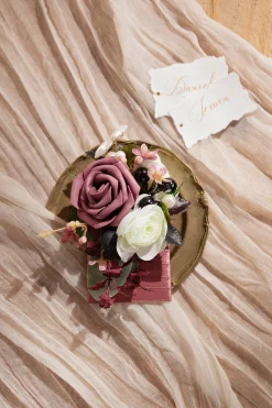 Pocket Square Boutonniere for Groom in Flowing Mauve Romance | Clearance