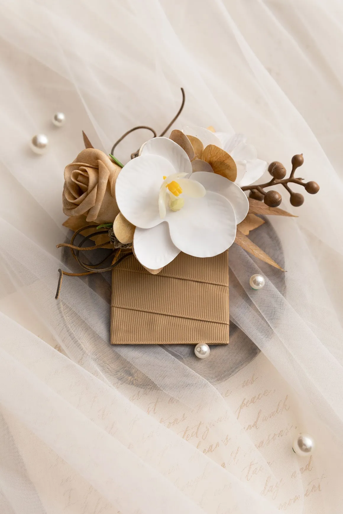 Pocket Square Boutonniere for Groom in Tawny Beige & Sand Beige | Clearance