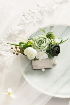 Pocket Square Boutonniere for Groom in Emerald & Tawny Beige