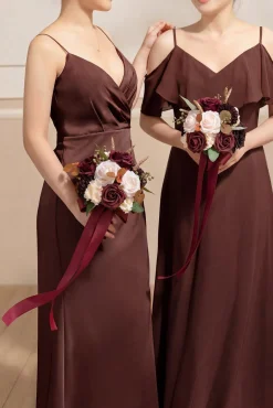 Round Bridesmaid Bouquet in Burgundy & Powder Pink (Set of 1)