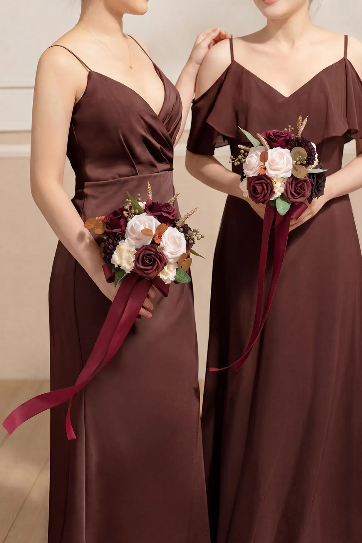 Round Bridesmaid Bouquet in Burgundy & Powder Pink (Set of 1)