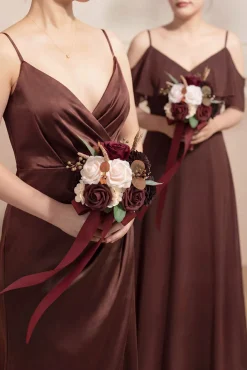 Round Bridesmaid Bouquet in Burgundy & Powder Pink (Set of 1)