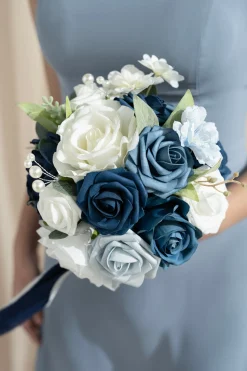 Round Bridesmaid Bouquet in Dusty Blue & Navy