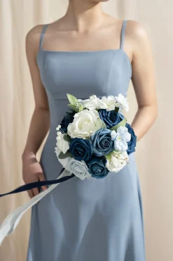 Round Bridesmaid Bouquet in Dusty Blue & Navy