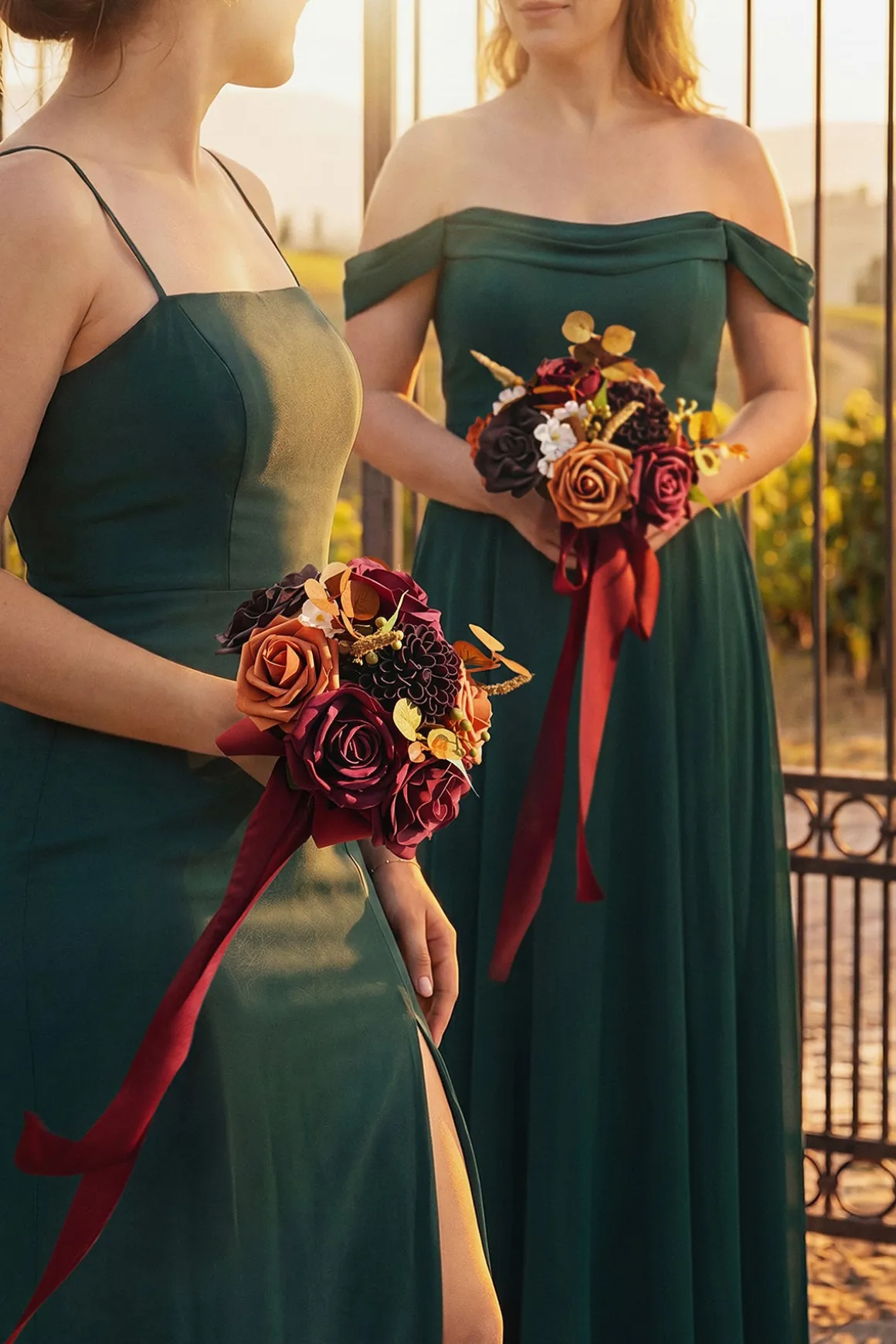 Round Bridesmaid Bouquets in Burgundy & Burnt Orange (Set of 4)