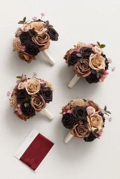 Round Bridesmaid Bouquets in Earth Brown & Black Baccara (Set of 4)